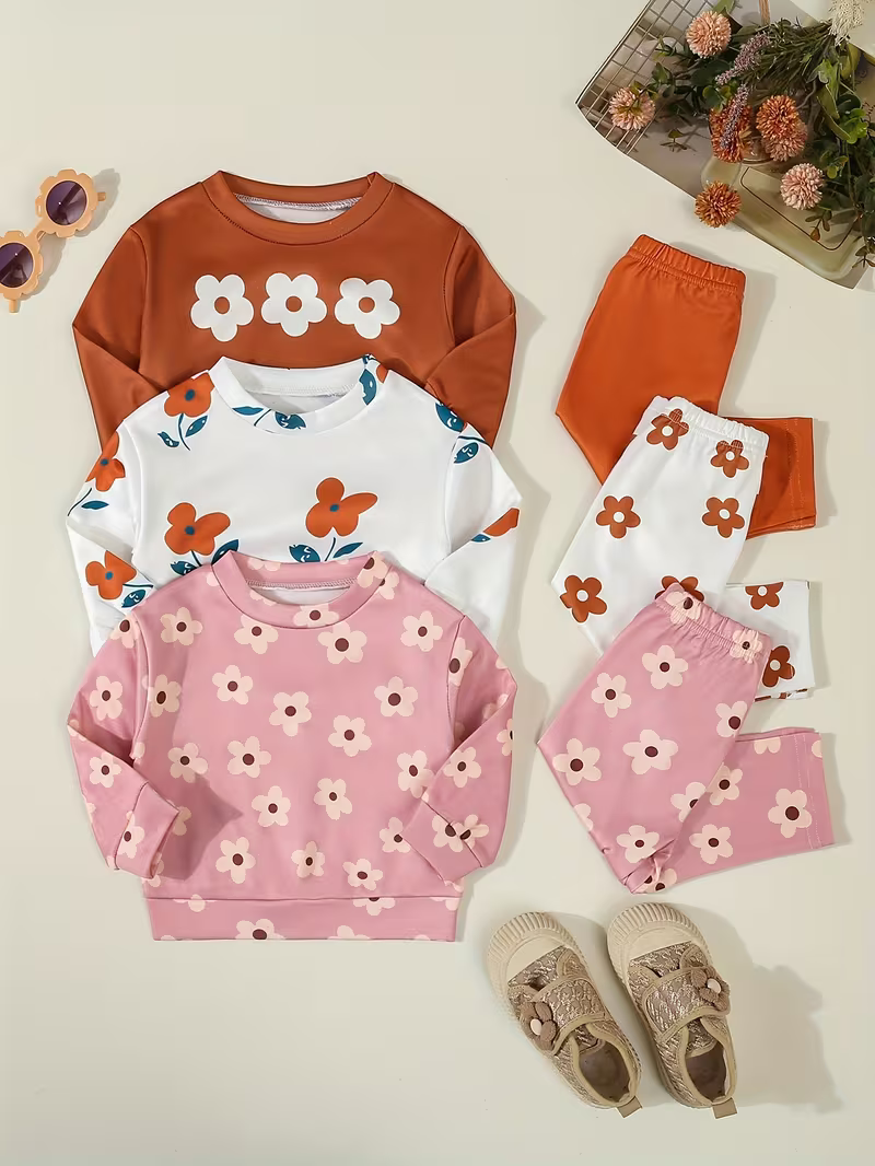 Glozin Kids 3-Piece Floral Clothing Set | Printed Sweatshirts & Jogger Pants Combo for Boys & Girls (1–14 Years)