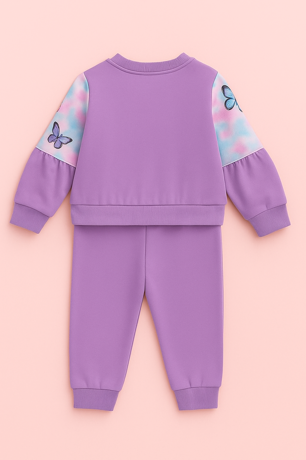 Lavender Butterfly Print Girls Sweatshirt & Pant Set | Soft Fleece Winter Co-Ord Outfit for Kids (1–14 Years)
