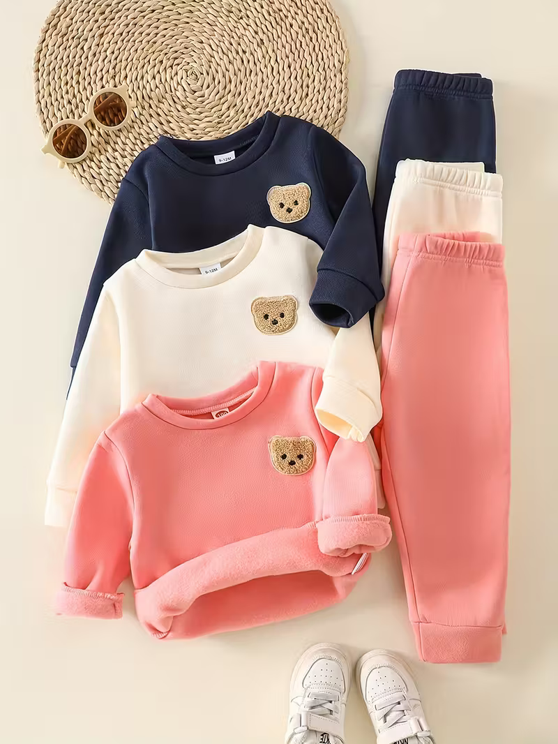 Glozin Kids Winter Co-Ord Set | Bear Patch Sweatshirt & Jogger Pant Set for Boys & Girls | Soft Cotton Fleece | Ages 1 to 14 Years