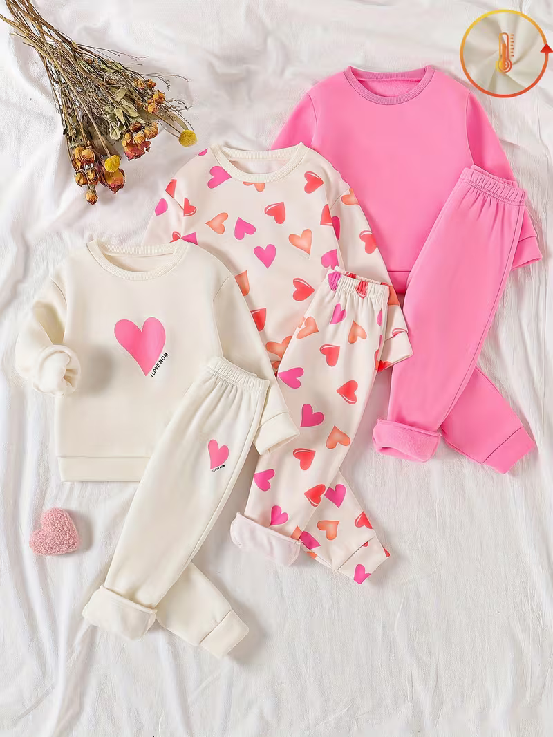 Glozin Kids 3-Piece Clothing Set | Heart Print Sweatshirt, Matching Top & Jogger Pants for Boys & Girls (1–14 Years)