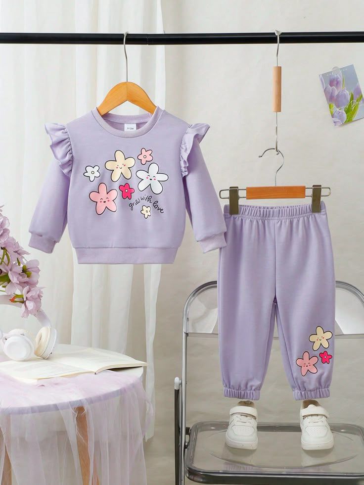 Girls Floral Printed Winter Co-ord Set | Lavender Fleece Sweatshirt with Ruffles & Jogger Pant | Warm & Stylish Outfit (1–14 Years)