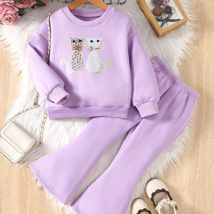 Girls Cat Printed Winter Co-ord Set | Lavender Fleece Sweatshirt & Bell-Bottom Pant | Warm & Stylish Outfit (1–14 Years)