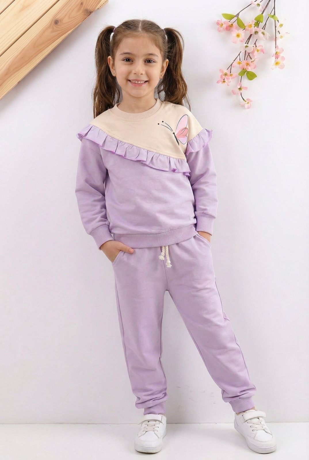 Girls Butterfly Printed Winter Co-ord Set | Soft Fleece Sweatshirt & Joggers | Stylish Ruffle Design Outfit (1–14 Years)