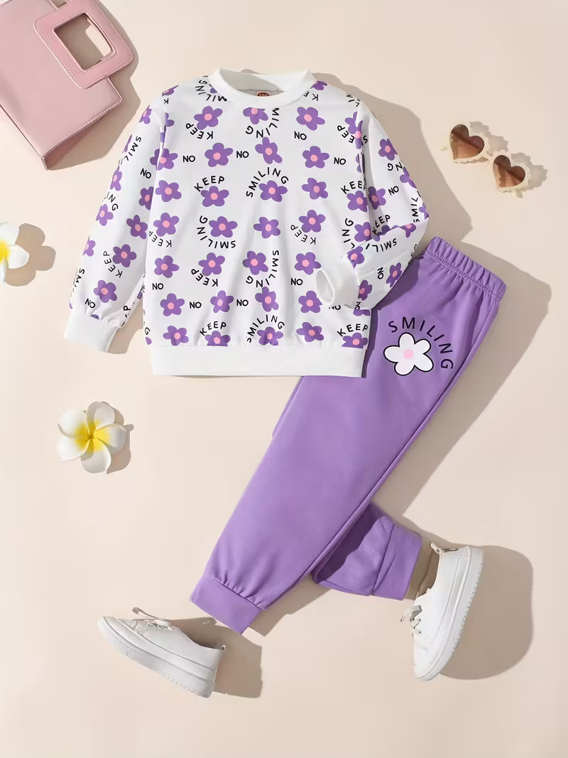 Trendy “Keep Smiling” Floral Sweatshirt & Jogger Pant Set for Girls | Stylish Winter Co-Ord Set | Kids Full Sleeve Top & Bottom Set (1–14 Years)