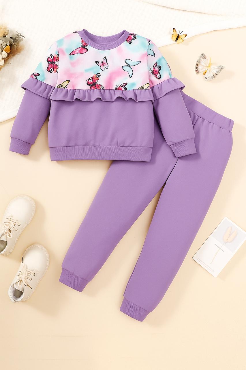 Girls Butterfly Print Winter Sweatshirt & Pant Set – Soft Cotton Fleece Co-Ord Tracksuit for Kids (1–14 Years)