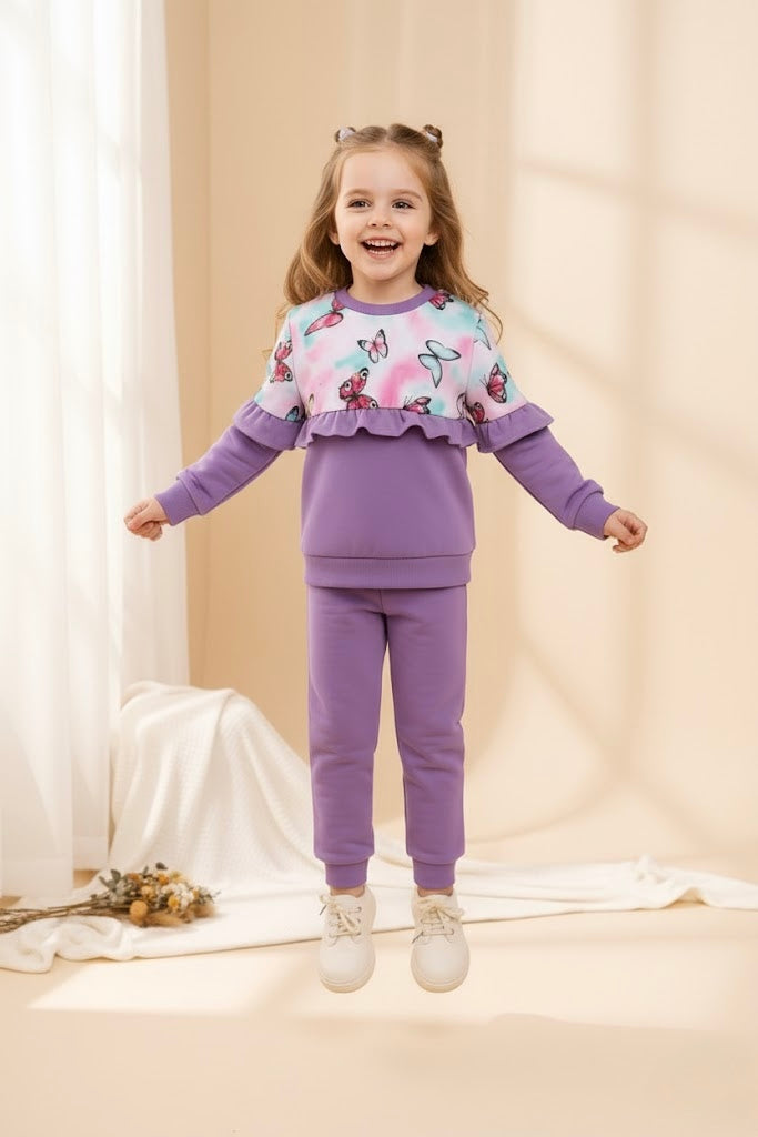 Girls Butterfly Print Winter Sweatshirt & Pant Set – Soft Cotton Fleece Co-Ord Tracksuit for Kids (1–14 Years)