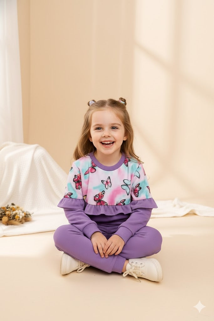 Girls Butterfly Print Winter Sweatshirt & Pant Set – Soft Cotton Fleece Co-Ord Tracksuit for Kids (1–14 Years)