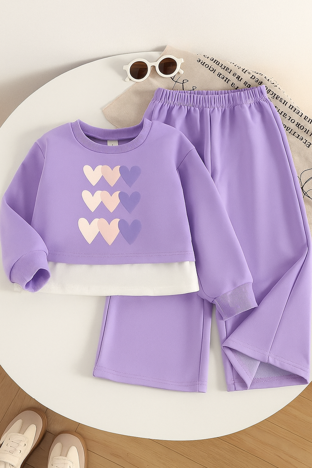 Girls Lilac Heart Printed Co-Ord Set | Sweatshirt & Jogger Pant for Kids | Casual Wear Dress Set (1–14 Years)