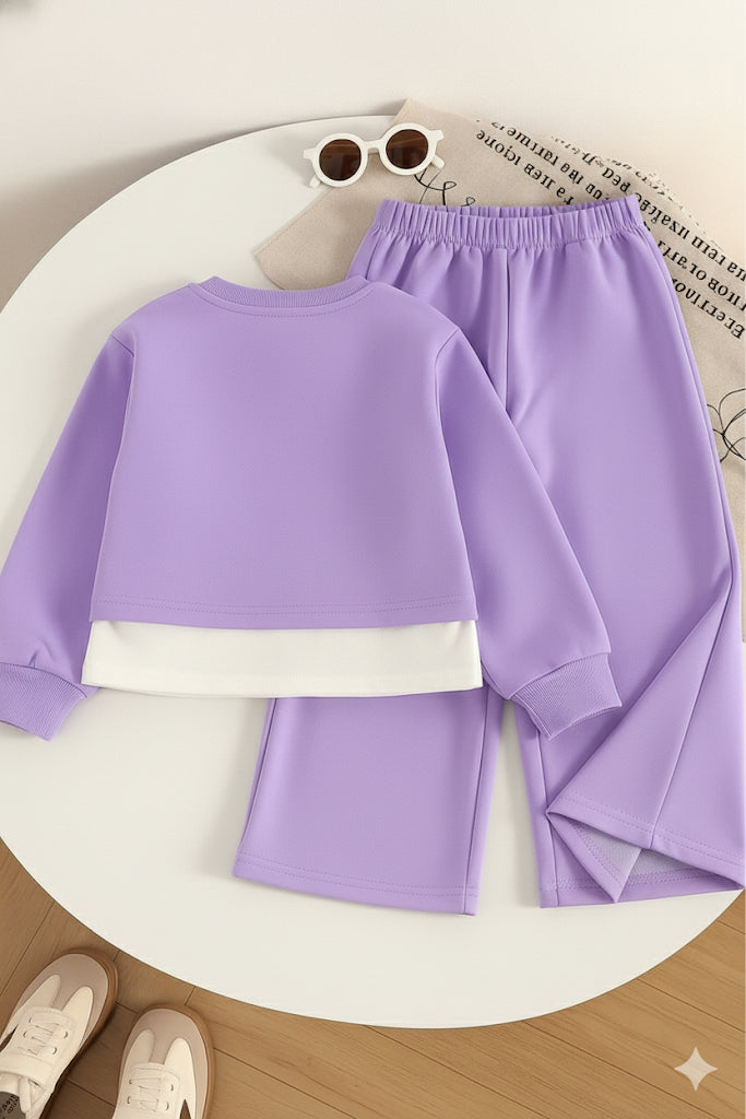 Girls Lilac Heart Printed Co-Ord Set | Sweatshirt & Jogger Pant for Kids | Casual Wear Dress Set (1–14 Years)