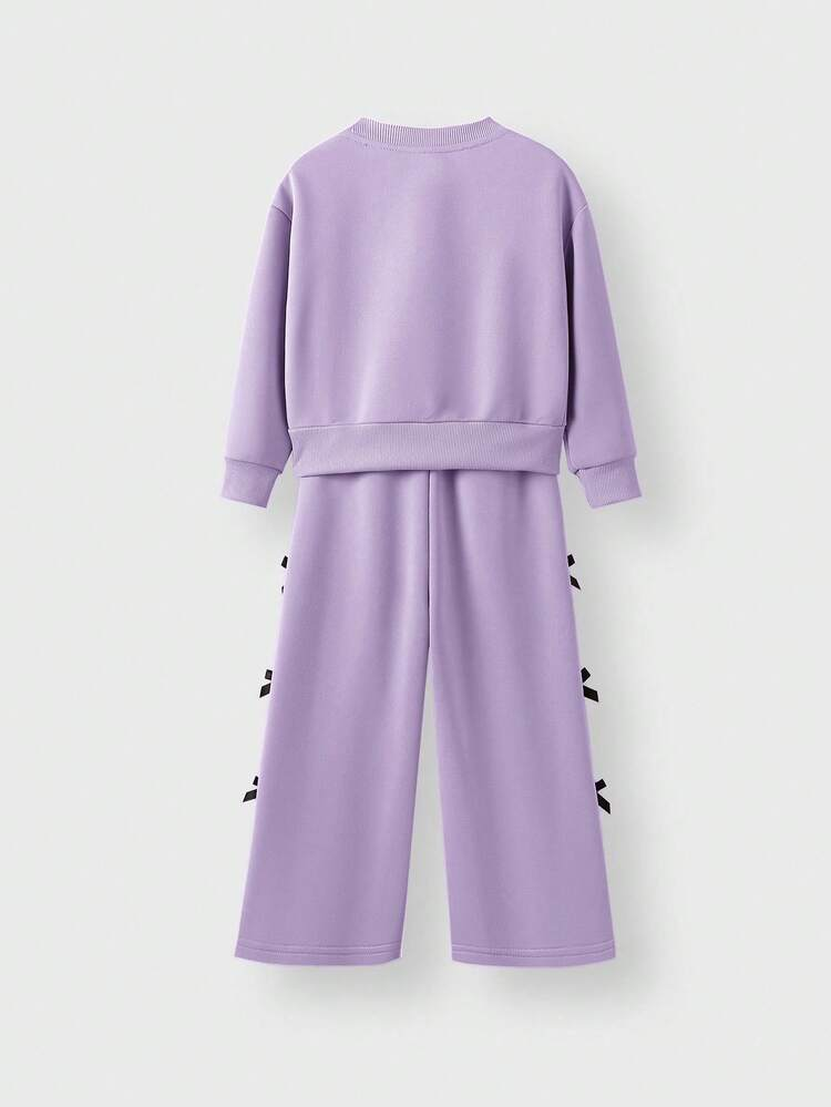Girls Lilac Bow Design Co-Ord Set | Stylish Sweatshirt & Wide-Leg Pant for Kids (1–14 Years)