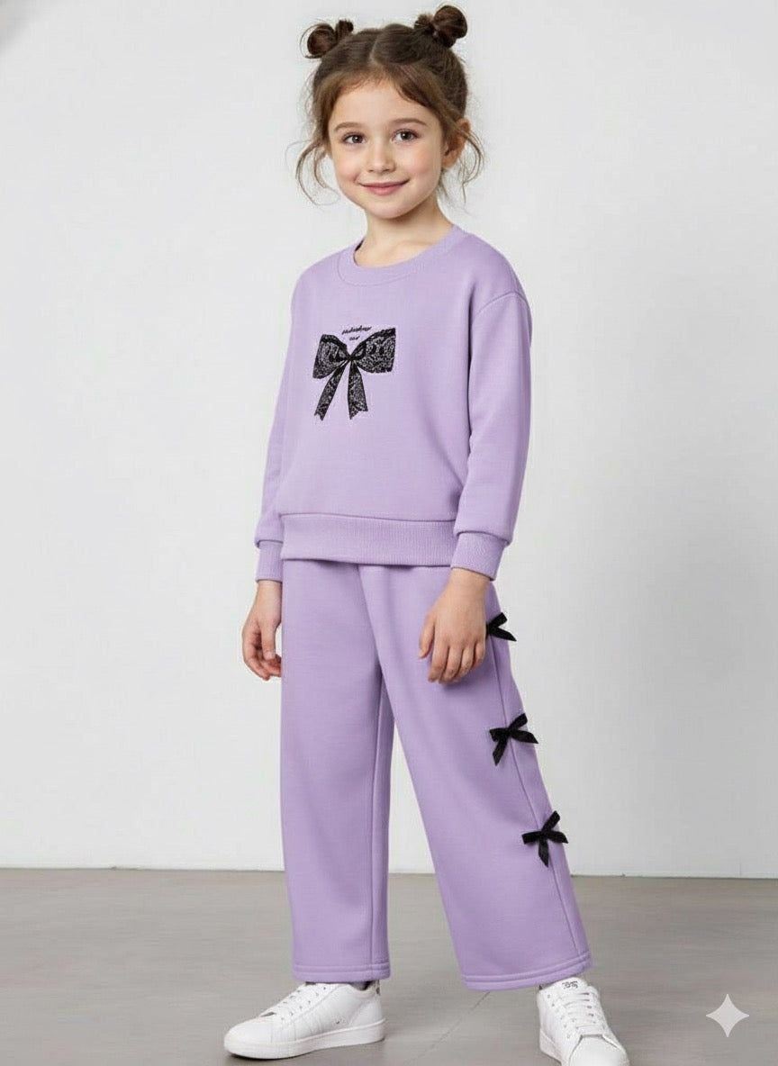 Girls Lilac Bow Design Co-Ord Set | Stylish Sweatshirt & Wide-Leg Pant for Kids (1–14 Years)