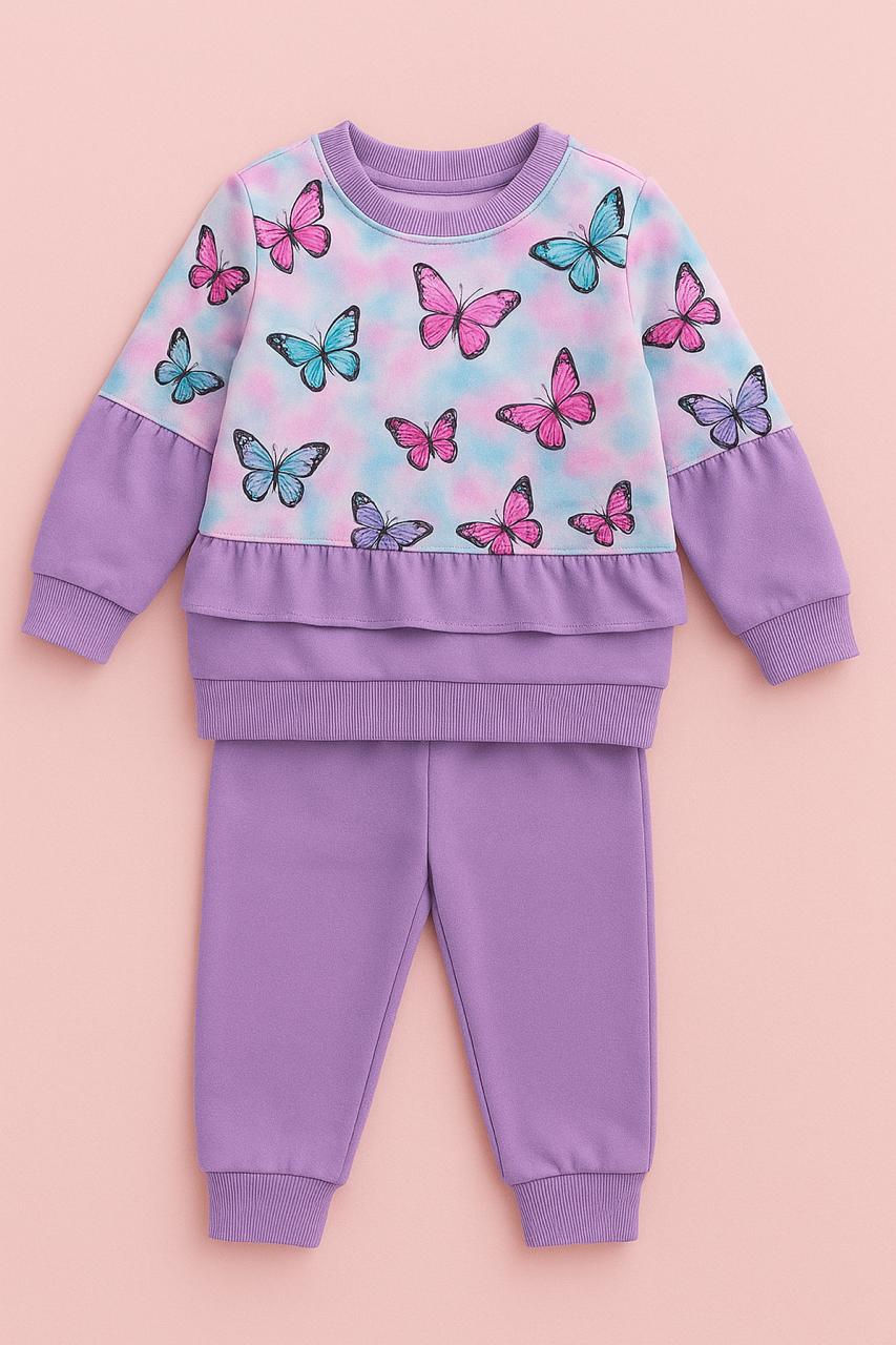 Lavender Butterfly Print Girls Sweatshirt & Pant Set | Soft Fleece Winter Co-Ord Outfit for Kids (1–14 Years)