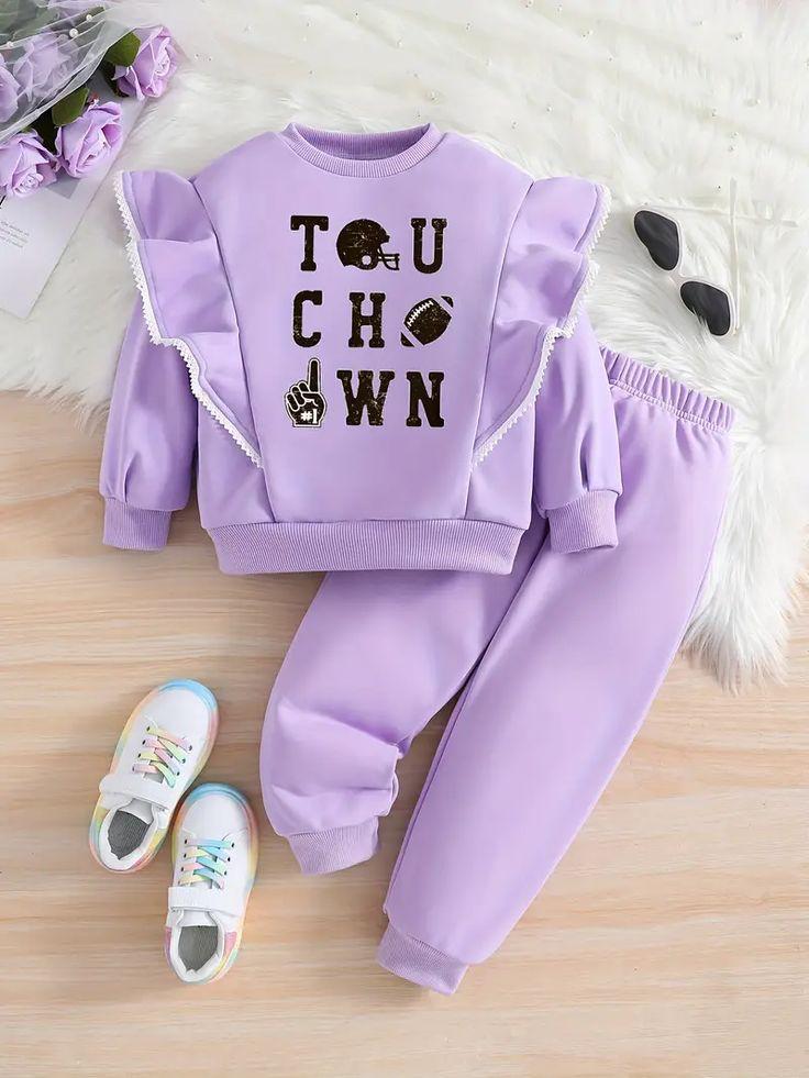 Girls Purple Touchdown Printed Sweatshirt & Jogger Set | Kids Winter Wear Co-ord Set | Soft & Comfortable Tracksuit (1–14 Years)