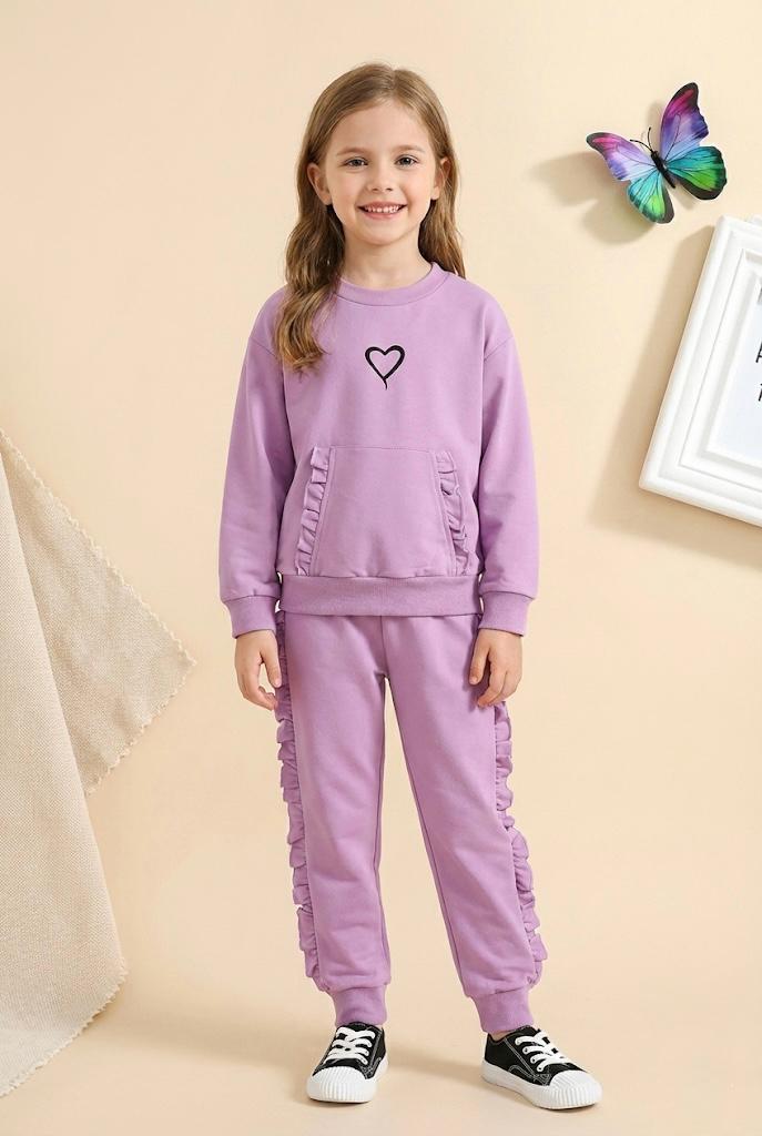Girls Lavender Heart Print Frock-Style Sweatshirt & Jogger Set | Winter Wear Co-Ord Set for Kids (1–14 Years)