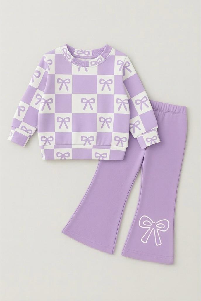 Lavender Bow Printed Kids Co-Ord Set | Girls Winter Sweatshirt & Bell Bottom Pants | Stylish Outfit (1–14 Years)