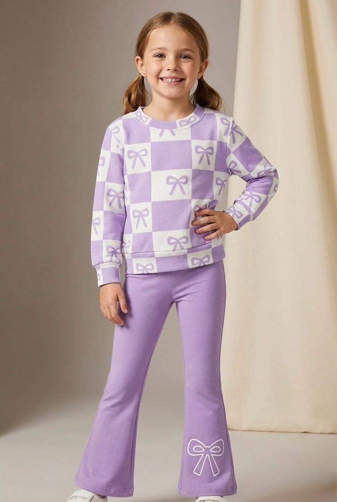 Lavender Bow Printed Kids Co-Ord Set | Girls Winter Sweatshirt & Bell Bottom Pants | Stylish Outfit (1–14 Years)