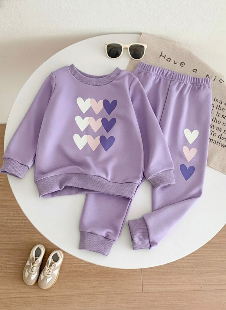 Kids Premium Cotton Blend Heart Print Co-Ord Set | Girls Full Sleeve Sweatshirt & Jogger Pants Set | Winter Wear Tracksuit for 1–14 Years
