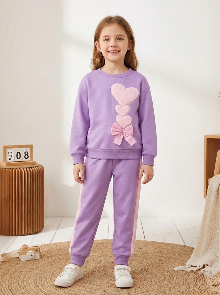 Girls Winter Heart Design Sweatshirt & Jogger Set – Soft Fleece Warm Clothing Set with Bow Detail | Lavender Kids Outfit (1–14 Years)