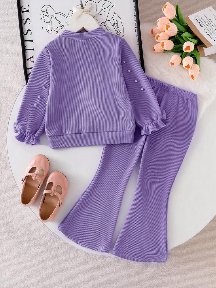 Girls Pearl Embellished Ribbed Top & Pant Set – Stylish Bow Design Co-ord Winter Wear for Kids | Lavender Outfit (1–14 Years)