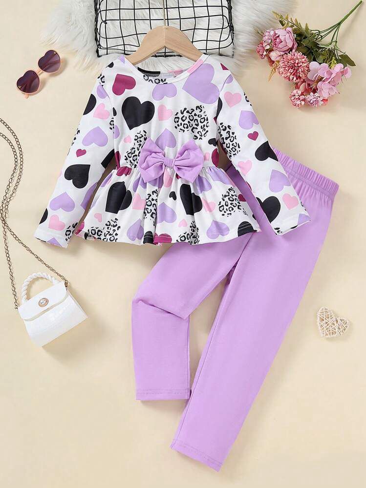 Girls Heart Print Top & Leggings Set – Stylish Peplum Bow Top with Purple Bottoms | Cute Kids Clothing Set (1–14 Years)