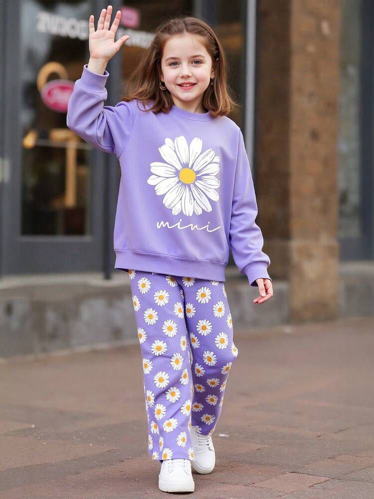 Girls Daisy Print Winter Wear Clothing Set – Soft Sweatshirt & Printed Trouser | Lavender Floral Kids Co-ord Set (1–14 Years)