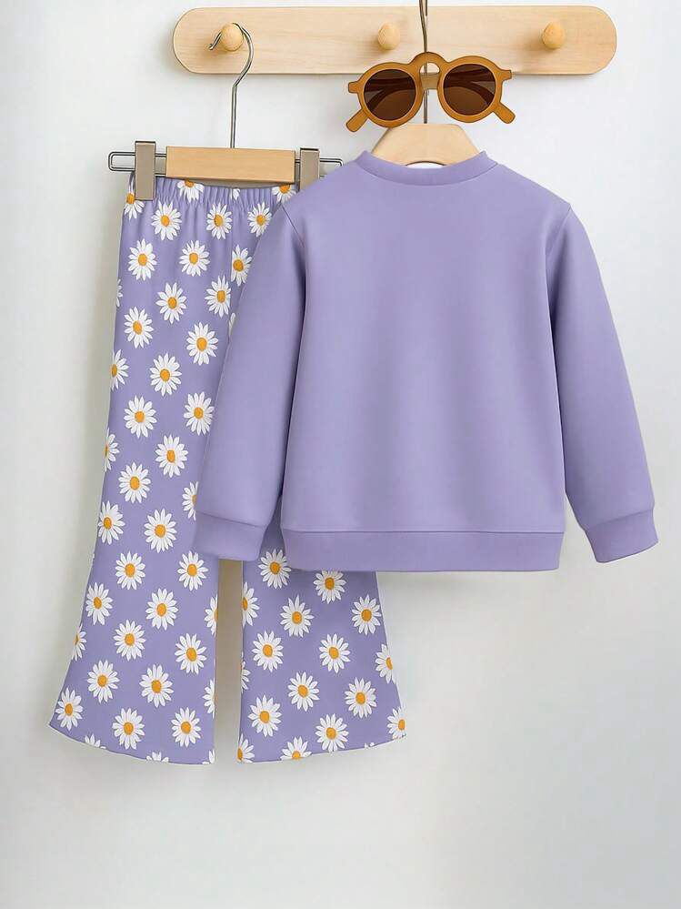 Girls Daisy Print Winter Wear Clothing Set – Soft Sweatshirt & Printed Trouser | Lavender Floral Kids Co-ord Set (1–14 Years)
