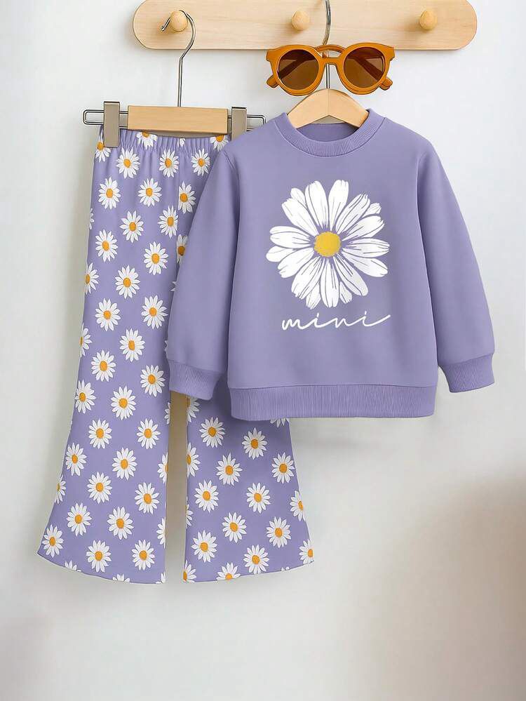 Girls Daisy Print Winter Wear Clothing Set – Soft Sweatshirt & Printed Trouser | Lavender Floral Kids Co-ord Set (1–14 Years)