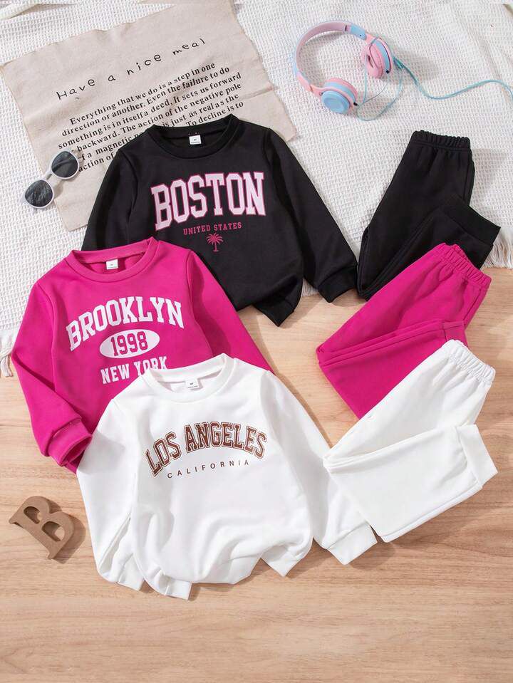 Glozin Kids City Print Tracksuit Set – Boston / Brooklyn / Los Angeles Sweatshirt & Jogger Outfit (1–14 Years)