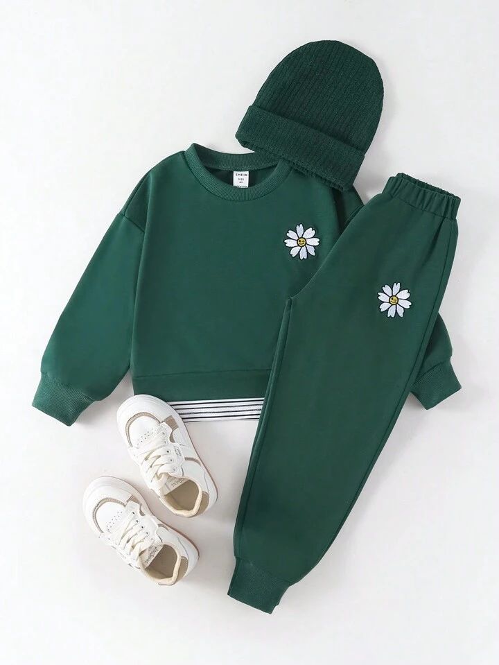 Glozin Kids Green Daisy Printed Tracksuit – Stylish Sweatshirt & Jogger Set for Boys & Girls (1–14 Years)