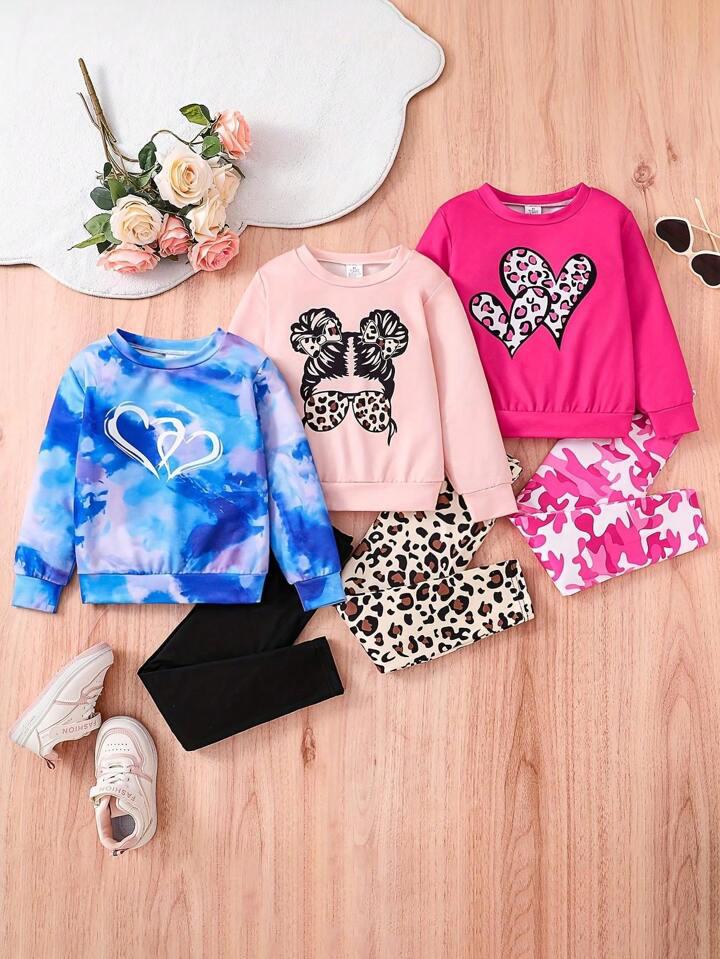 Glozin Girls’ Printed Sweatshirt & Legging Set – Trendy Heart, Leopard & Tie-Dye Outfits for Girls (1–14 Years)