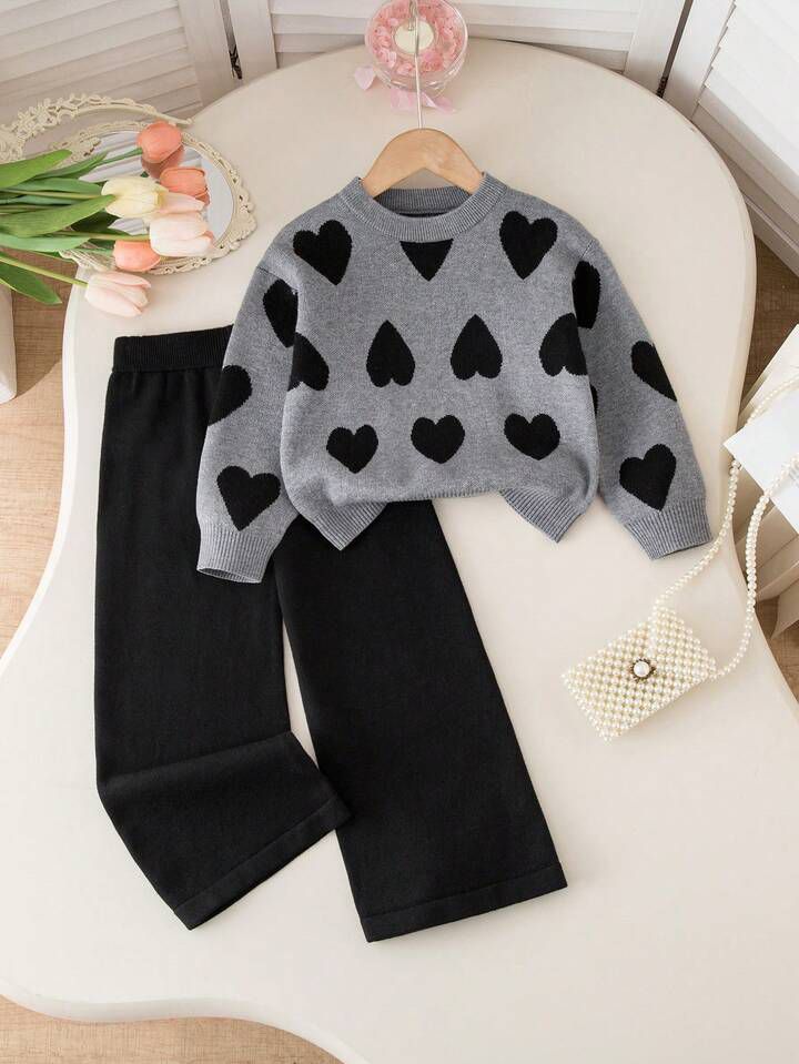 Glozin Girls’ Heart Knit Sweater & Wide-Leg Pants Winter Outfit Set – Soft Warm Knitwear for Girls (1–14 Years)