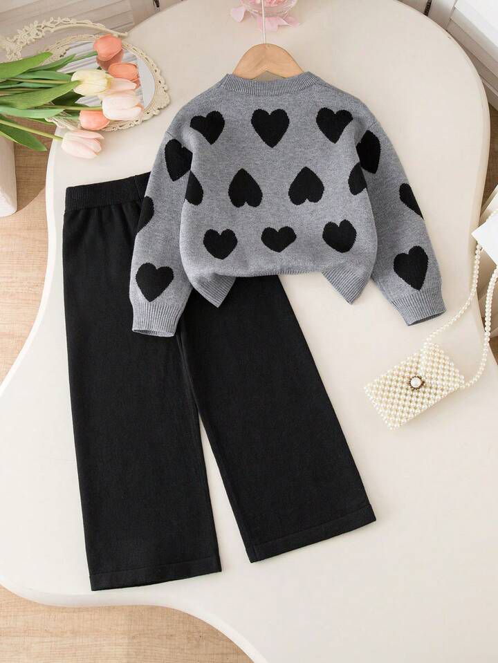 Glozin Girls’ Heart Knit Sweater & Wide-Leg Pants Winter Outfit Set – Soft Warm Knitwear for Girls (1–14 Years)