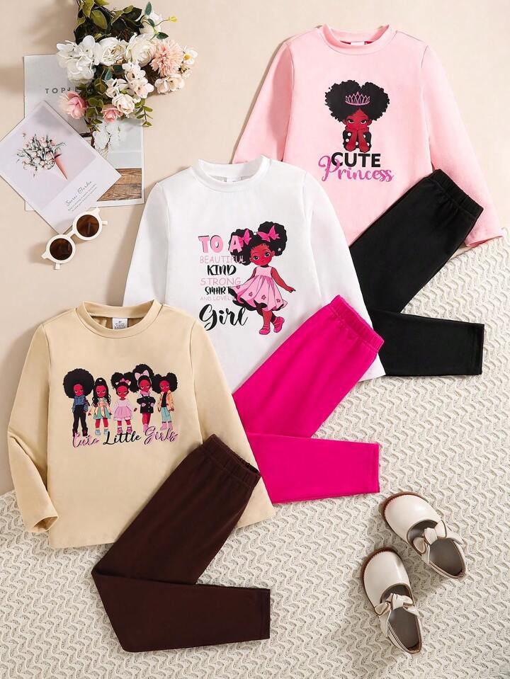 Glozin Girls’ Cartoon Print Full Sleeve Top & Leggings Set – Cute Princess, Afro Doll & Stylish Girl Designs | Kids Fashion Outfit (1–14 Years)