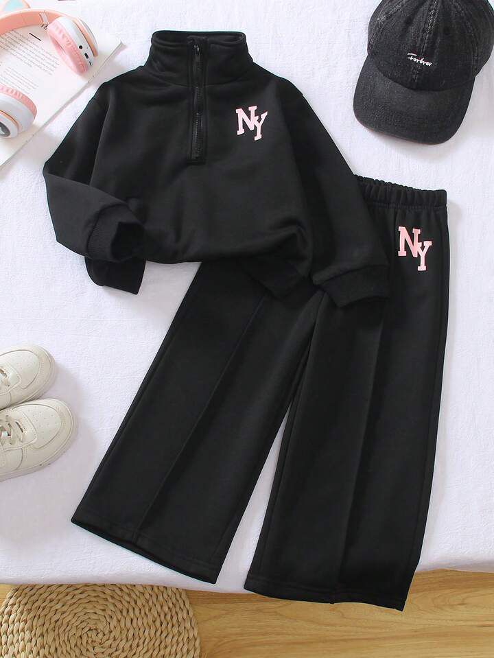 Glozin Girls’ Black NY Wide-Leg Tracksuit Set – Half-Zip Sweatshirt & Loose Pants | Trendy Winter Outfit (1–14 Years)