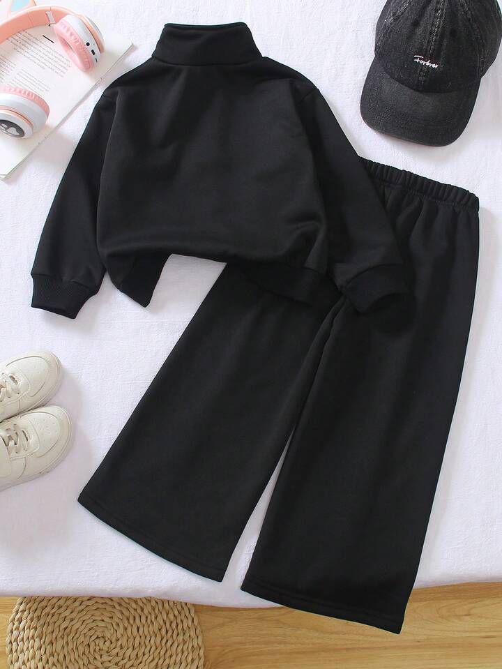 Glozin Girls’ Black NY Wide-Leg Tracksuit Set – Half-Zip Sweatshirt & Loose Pants | Trendy Winter Outfit (1–14 Years)