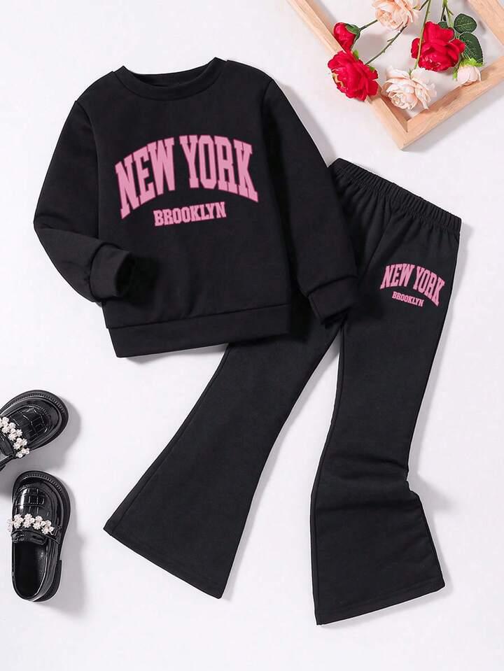 Glozin Girls’ Black “New York Brooklyn” Sweatshirt & Flared Pants Set – Trendy Winter Outfit for Girls (1–14 Years)