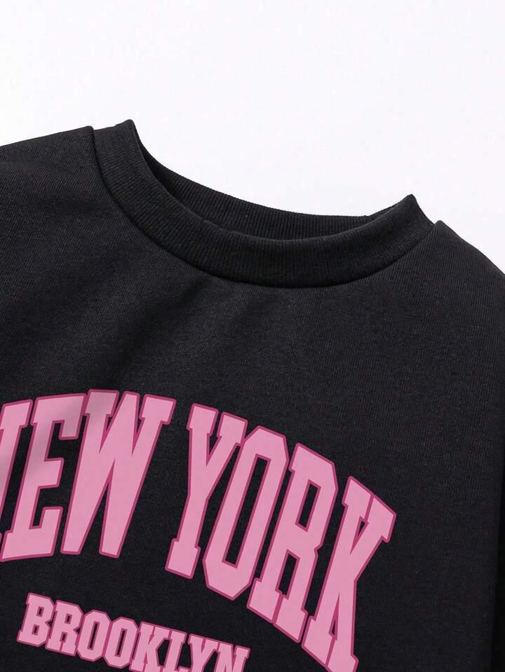 Glozin Girls’ Black “New York Brooklyn” Sweatshirt & Flared Pants Set – Trendy Winter Outfit for Girls (1–14 Years)