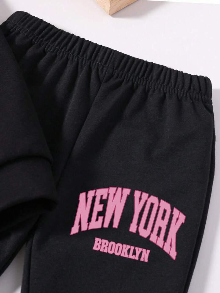 Glozin Girls’ Black “New York Brooklyn” Sweatshirt & Flared Pants Set – Trendy Winter Outfit for Girls (1–14 Years)