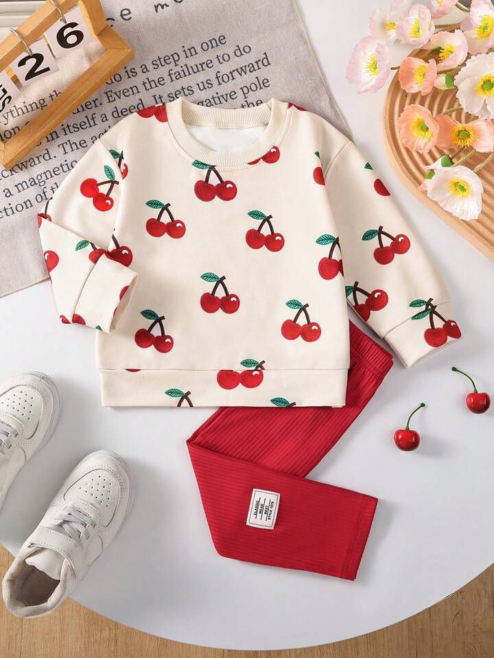 Glozin Kids Cherry Print Sweatshirt & Red Ribbed Leggings Winter Co-Ord Set – Soft & Stylish Outfit for Girls (1–14 Years)