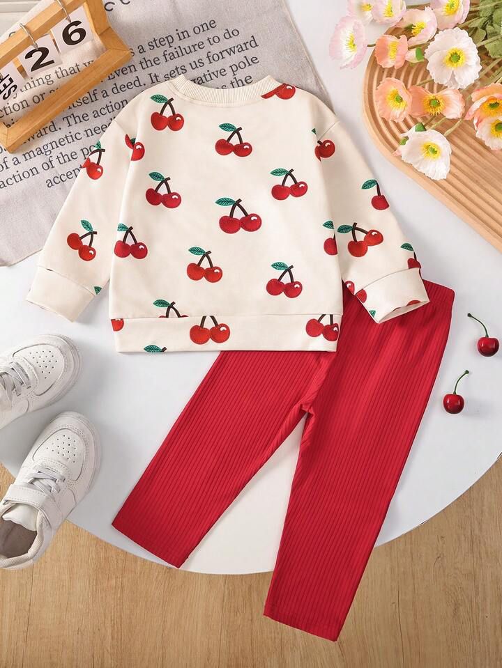 Glozin Kids Cherry Print Sweatshirt & Red Ribbed Leggings Winter Co-Ord Set – Soft & Stylish Outfit for Girls (1–14 Years)