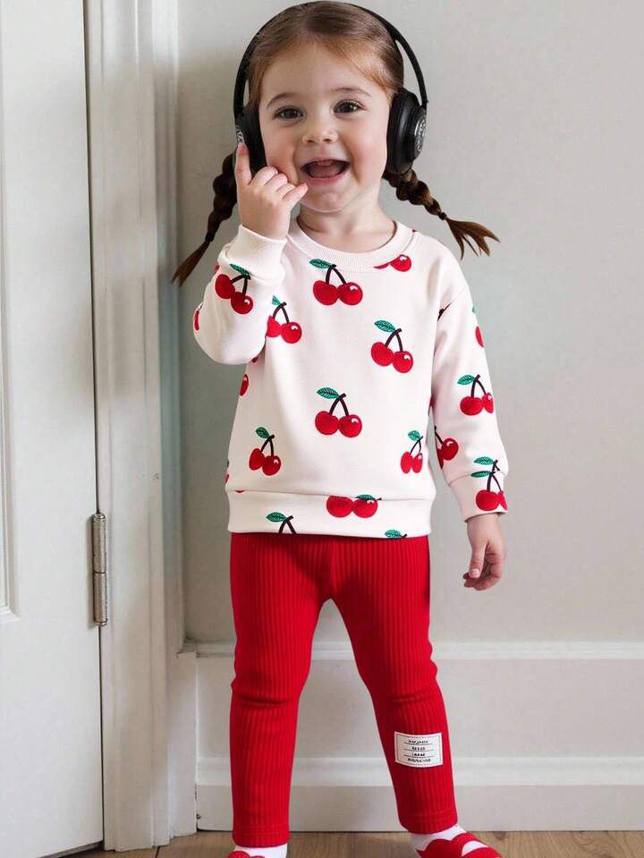 Glozin Kids Cherry Print Sweatshirt & Red Ribbed Leggings Winter Co-Ord Set – Soft & Stylish Outfit for Girls (1–14 Years)