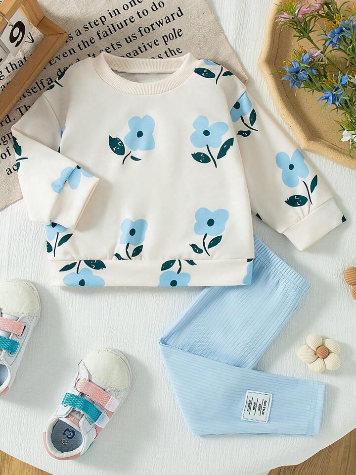 Glozin Kids Blue Floral Print Sweatshirt & Light Blue Ribbed Leggings Set – Soft & Stylish Winter Wear (1–14 Years)