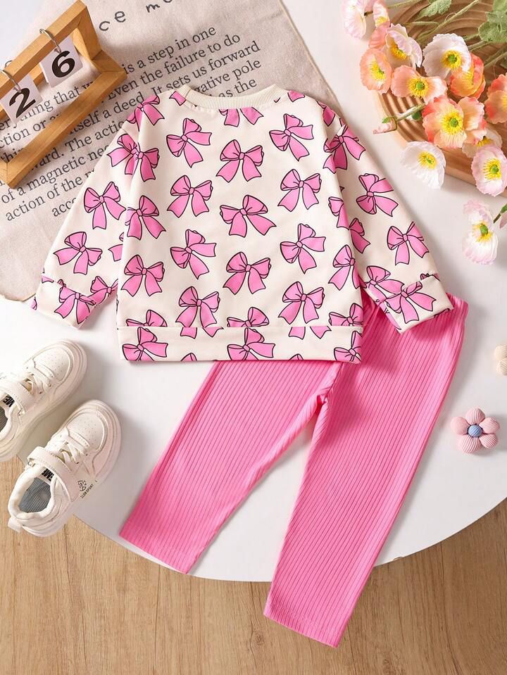 Glozin Girls Cream & Pink Bow Print Sweatshirt with Matching Ribbed Leggings – Cute Winter Outfit (1–14 Years)