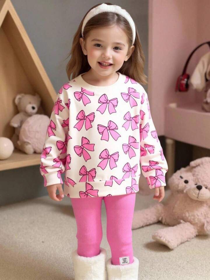 Glozin Girls Cream & Pink Bow Print Sweatshirt with Matching Ribbed Leggings – Cute Winter Outfit (1–14 Years)