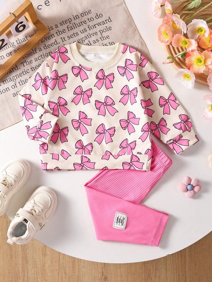 Glozin Girls Cream & Pink Bow Print Sweatshirt with Matching Ribbed Leggings – Cute Winter Outfit (1–14 Years)