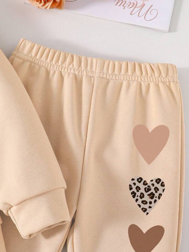 Glozin Girls Beige Heart & Leopard Print Sweatshirt with Matching Flared Pants – Stylish Winter Outfit (1–14 Years)