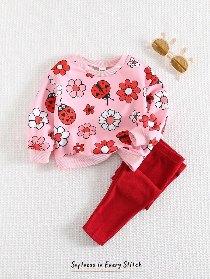Glozin Girls Ladybug & Floral Print Sweatshirt with Red Leggings – Cute Pink Outfit for Kids (1–14 Years)