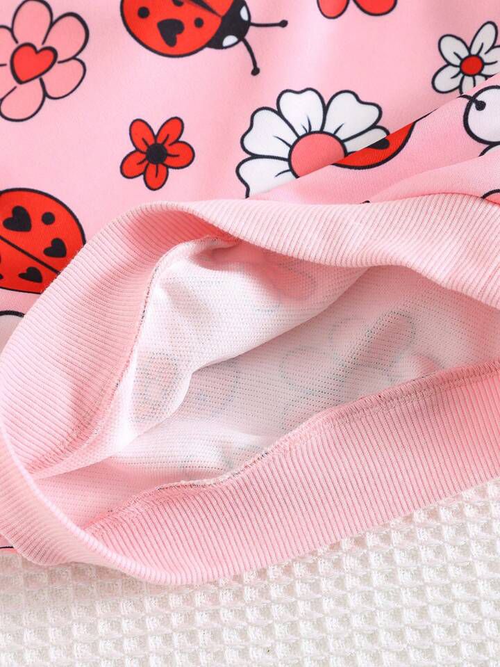 Glozin Girls Ladybug & Floral Print Sweatshirt with Red Leggings – Cute Pink Outfit for Kids (1–14 Years)