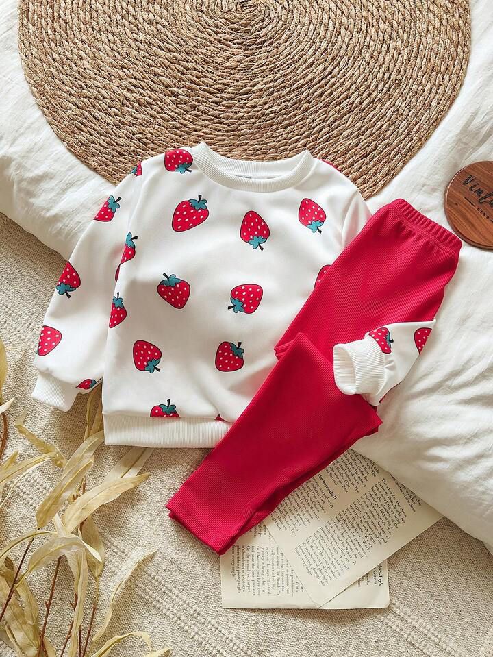 Glozin Girls Strawberry Print Sweatshirt & Legging Set – Cute Red & White Outfit for Kids (1–14 Years)