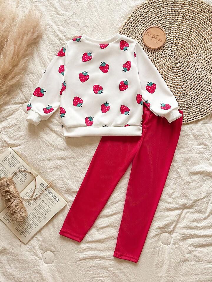 Glozin Girls Strawberry Print Sweatshirt & Legging Set – Cute Red & White Outfit for Kids (1–14 Years)